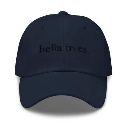 Hella Trees embroidered baseball cap in Navy with black embroidery by White Boy Summer
