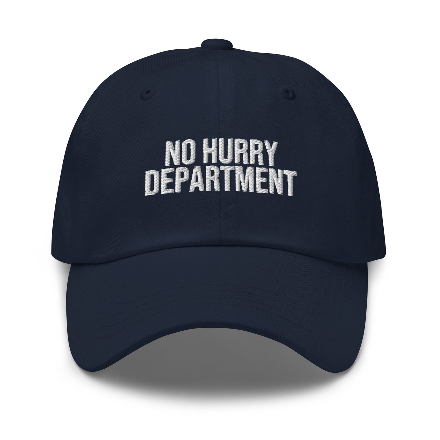 No Hurry Department embroidered baseball cap in Navy with white embroidery by White Boy Summer