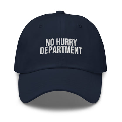 No Hurry Department embroidered baseball cap in Navy with white embroidery by White Boy Summer