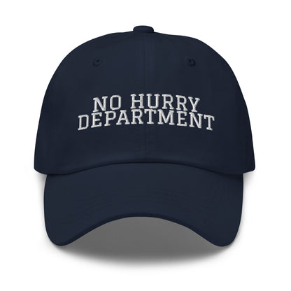 No Hurry Department embroidered baseball cap in Navy with white embroidery by White Boy Summer