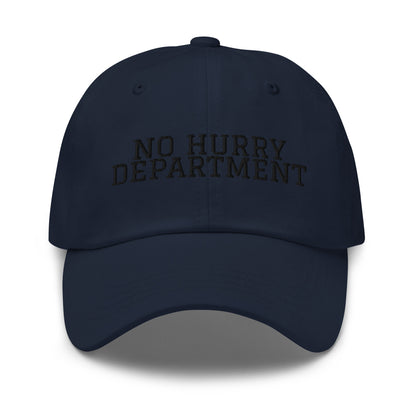 No Hurry Department embroidered baseball cap in Navy with black embroidery by White Boy Summer
