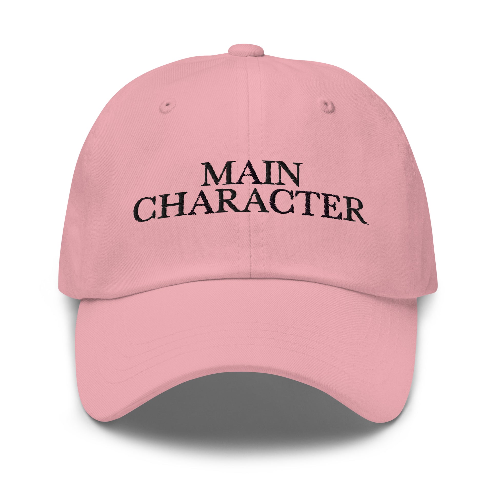 Main Character embroidered baseball cap in Pink with black embroidery by White Boy Summer