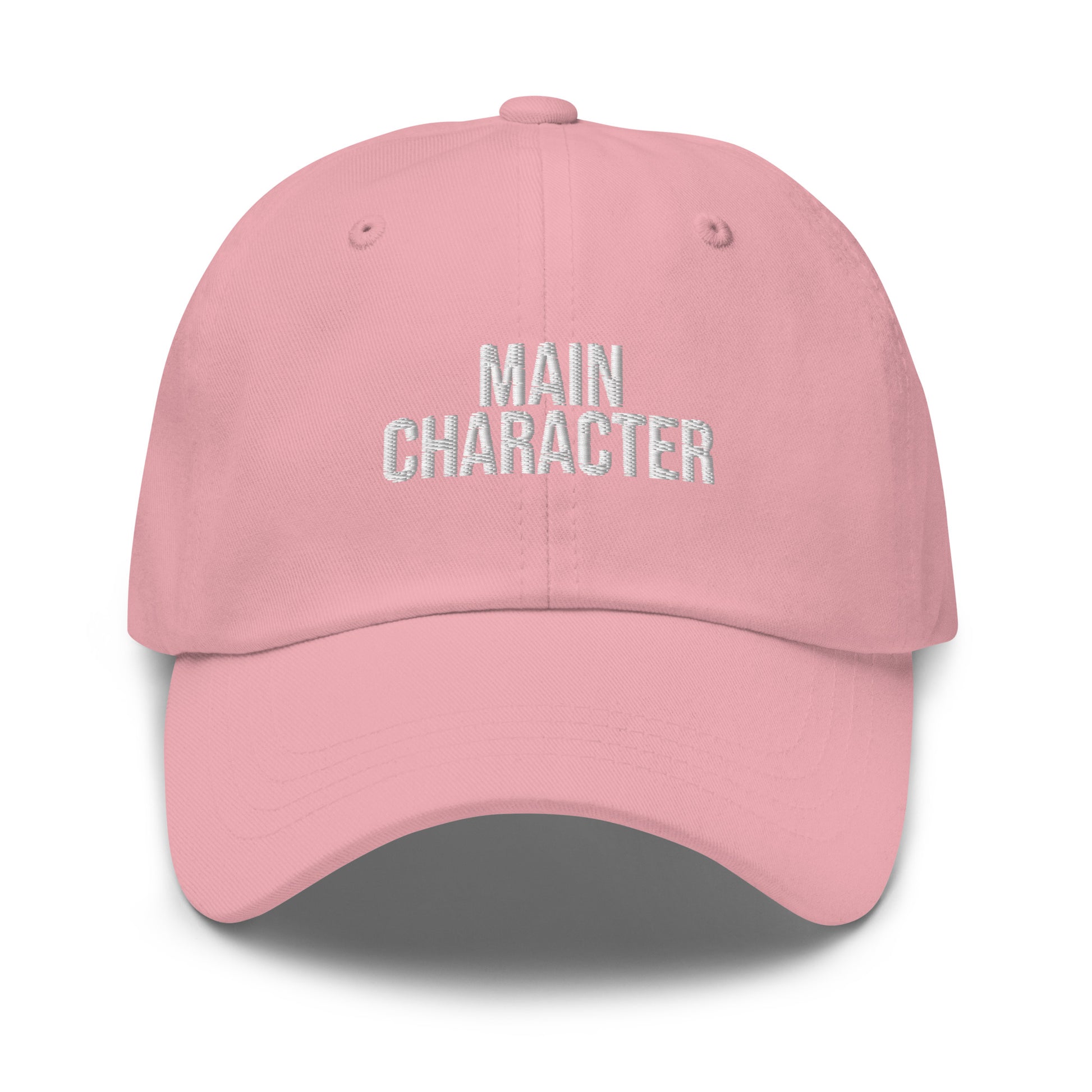 Main Character embroidered baseball cap in Pink with white embroidery by White Boy Summer