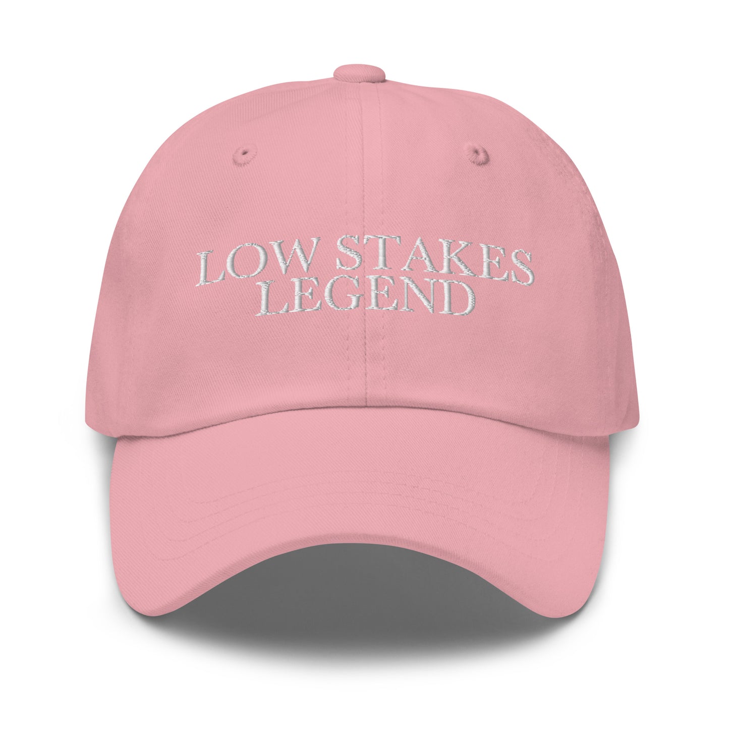 Low Stakes Legend embroidered baseball cap in Pink with white embroidery by White Boy Summer