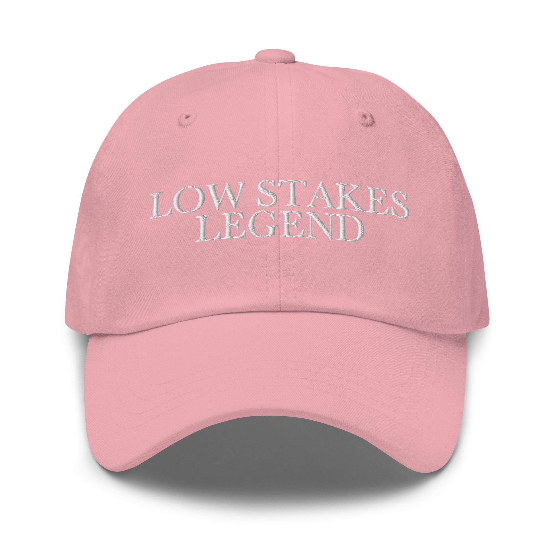 Low Stakes Legend embroidered baseball cap in Pink with white embroidery by White Boy Summer