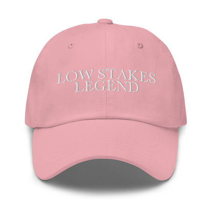 Low Stakes Legend embroidered baseball cap in Pink with white embroidery by White Boy Summer