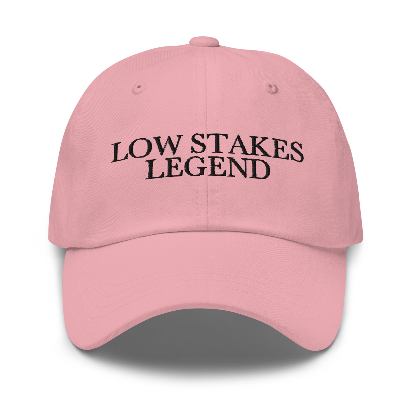 Low Stakes Legend embroidered baseball cap in Pink with black embroidery by White Boy Summer