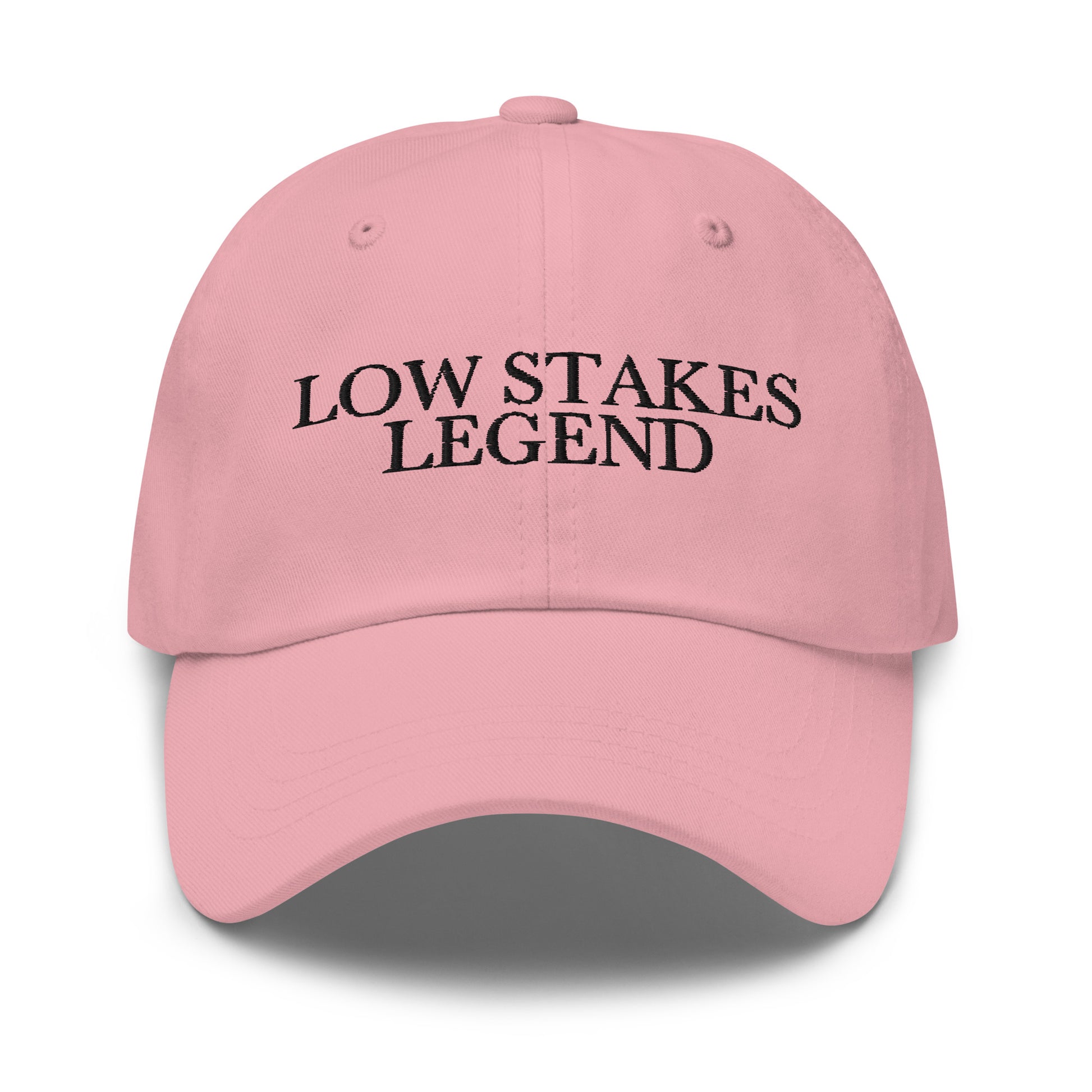 Low Stakes Legend embroidered baseball cap in Pink with black embroidery by White Boy Summer