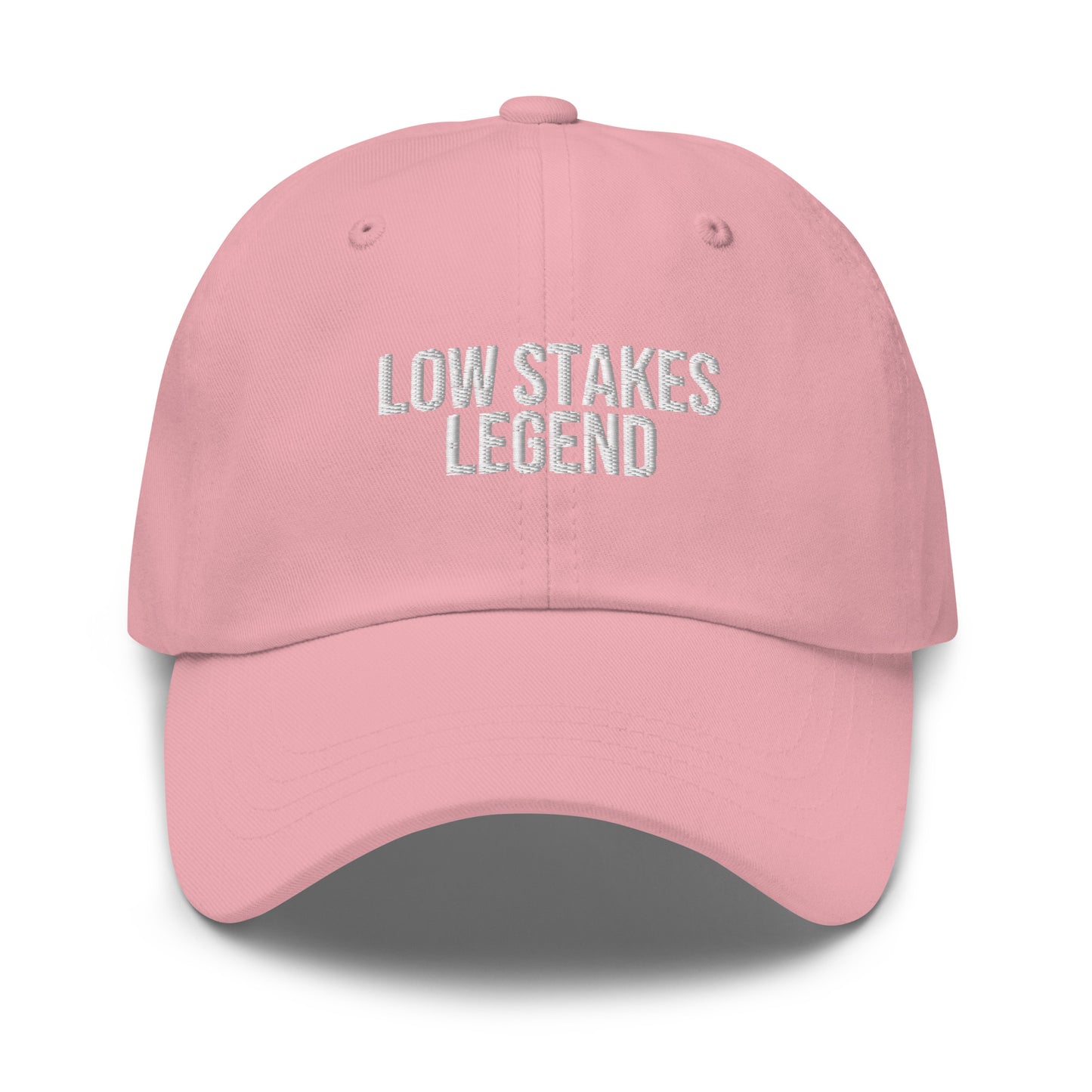 Low Stakes Legend embroidered baseball cap in Pink with white embroidery by White Boy Summer