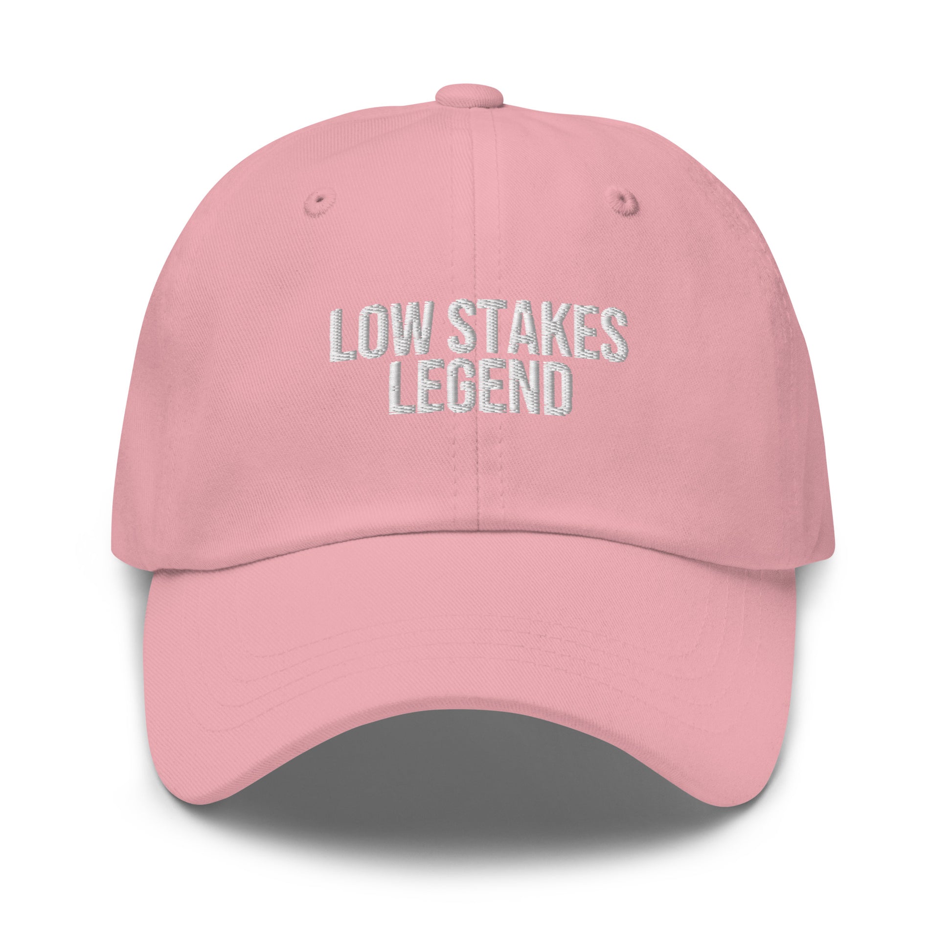 Low Stakes Legend embroidered baseball cap in Pink with white embroidery by White Boy Summer