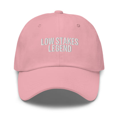 Low Stakes Legend embroidered baseball cap in Pink with white embroidery by White Boy Summer