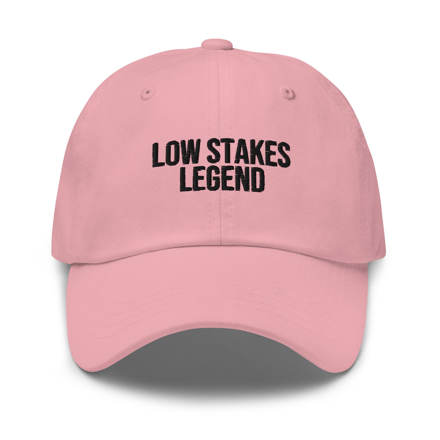 Low Stakes Legend embroidered baseball cap in Pink with black embroidery by White Boy Summer