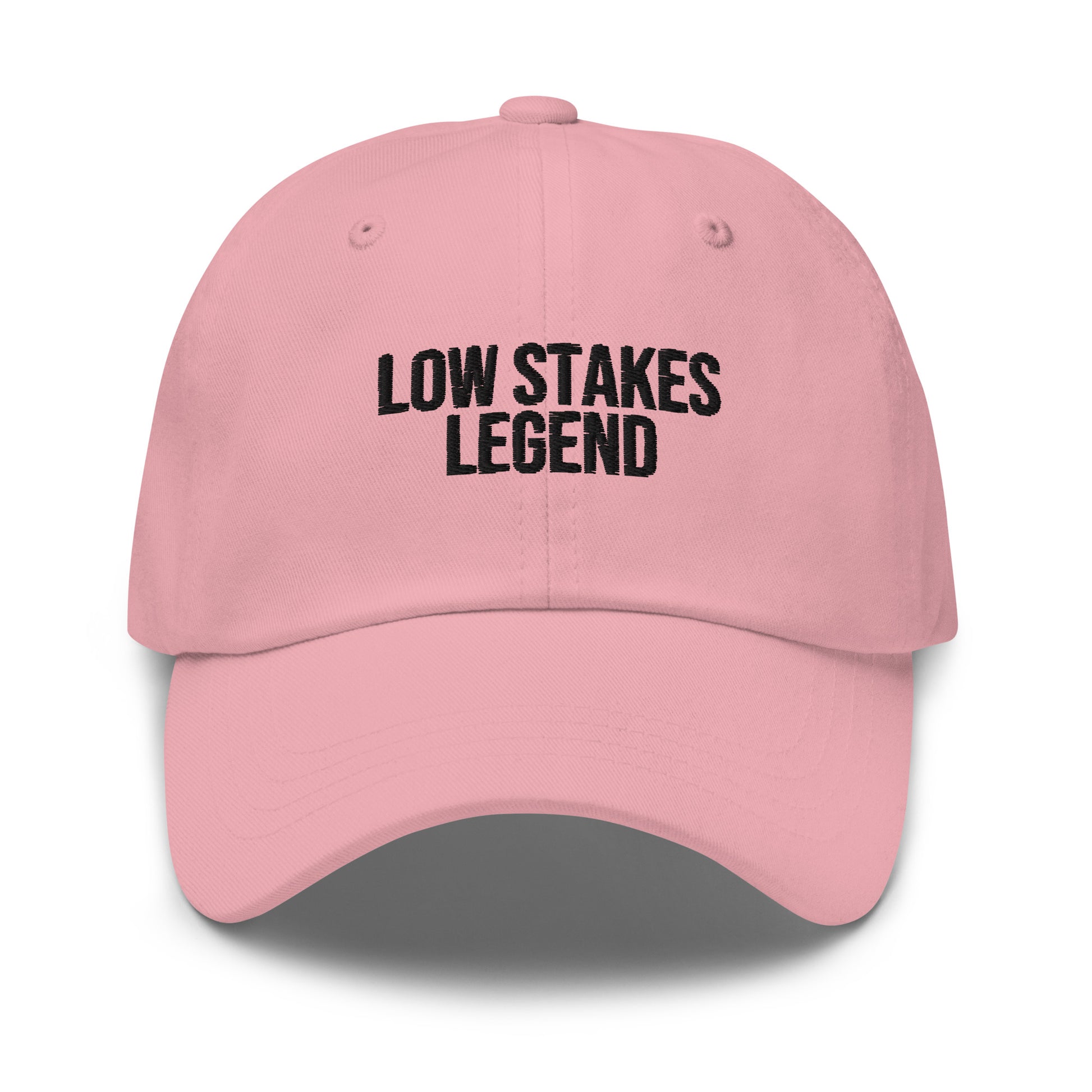 Low Stakes Legend embroidered baseball cap in Pink with black embroidery by White Boy Summer