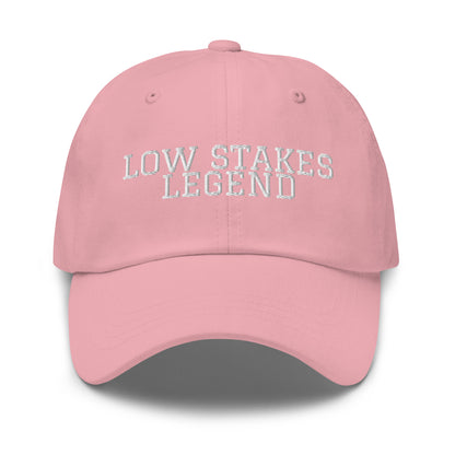 Low Stakes Legend embroidered baseball cap in Pink with white embroidery by White Boy Summer