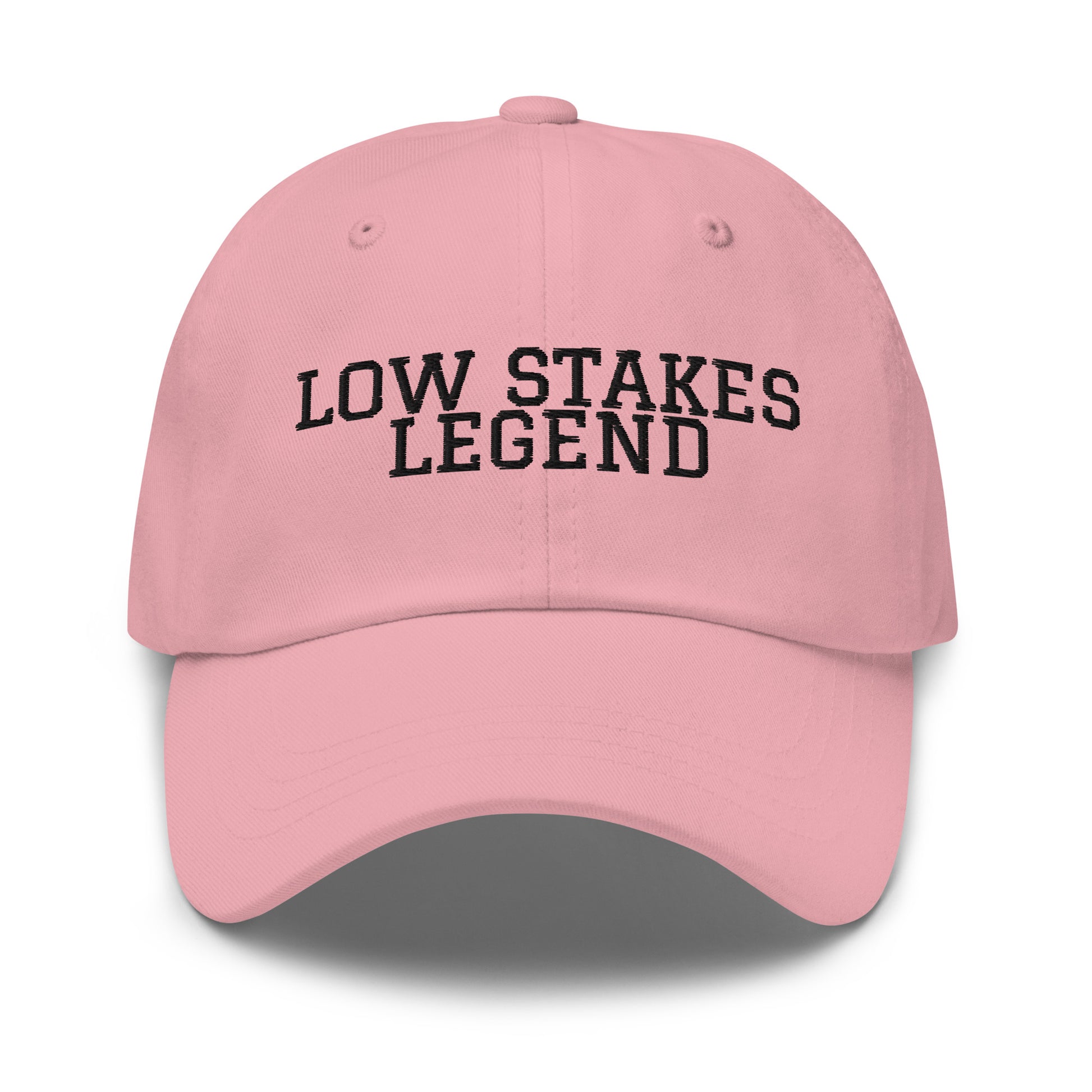 Low Stakes Legend embroidered baseball cap in Pink with black embroidery by White Boy Summer