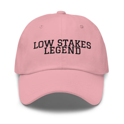 Low Stakes Legend embroidered baseball cap in Pink with black embroidery by White Boy Summer