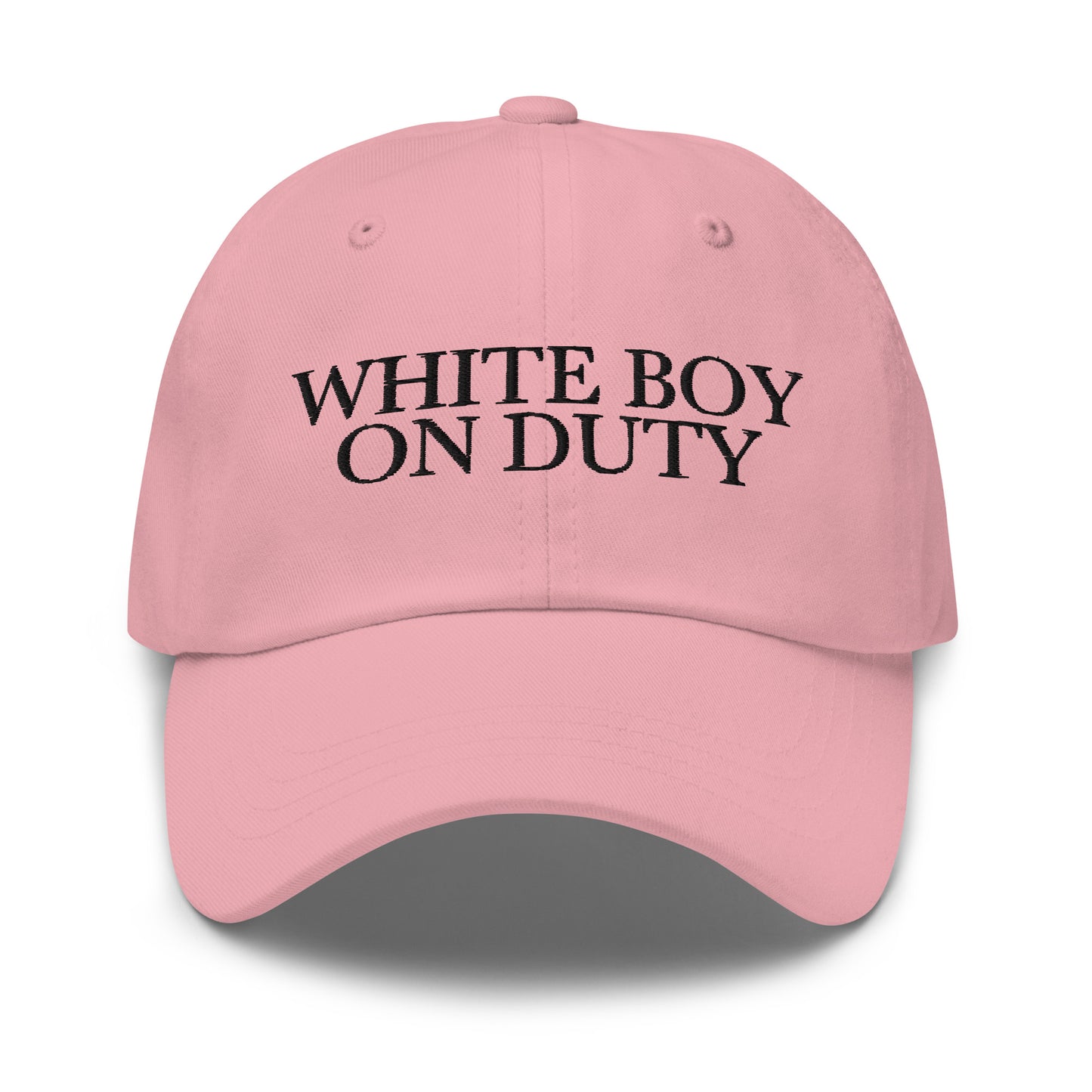 White Boy On Duty embroidered baseball cap in Pink with black embroidery by White Boy Summer