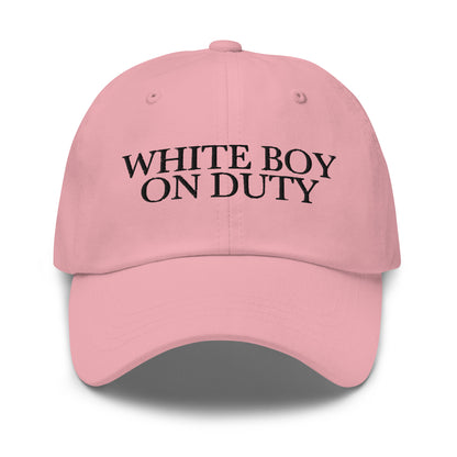 White Boy On Duty embroidered baseball cap in Pink with black embroidery by White Boy Summer
