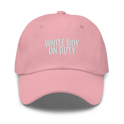 White Boy On Duty embroidered baseball cap in Pink with white embroidery by White Boy Summer