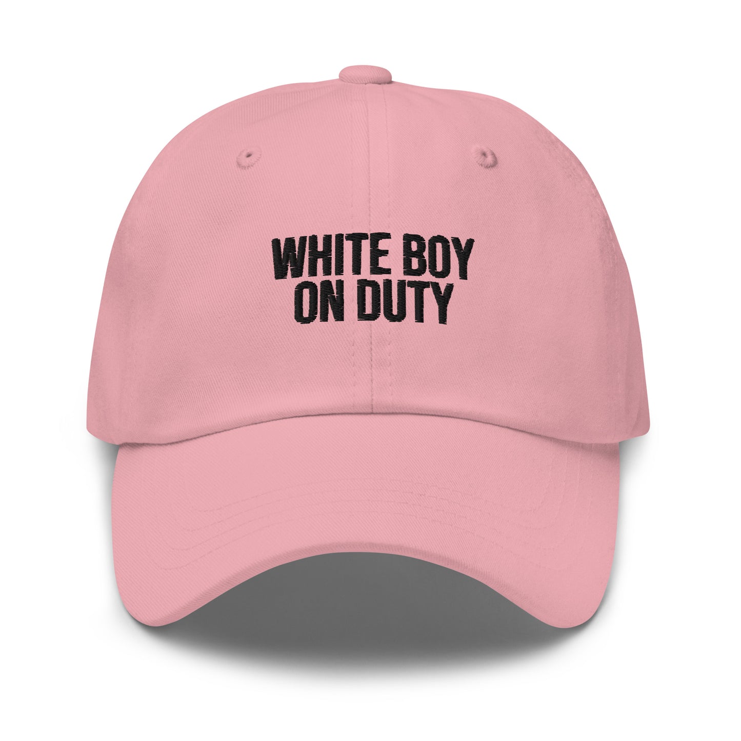 White Boy On Duty embroidered baseball cap in Pink with black embroidery by White Boy Summer