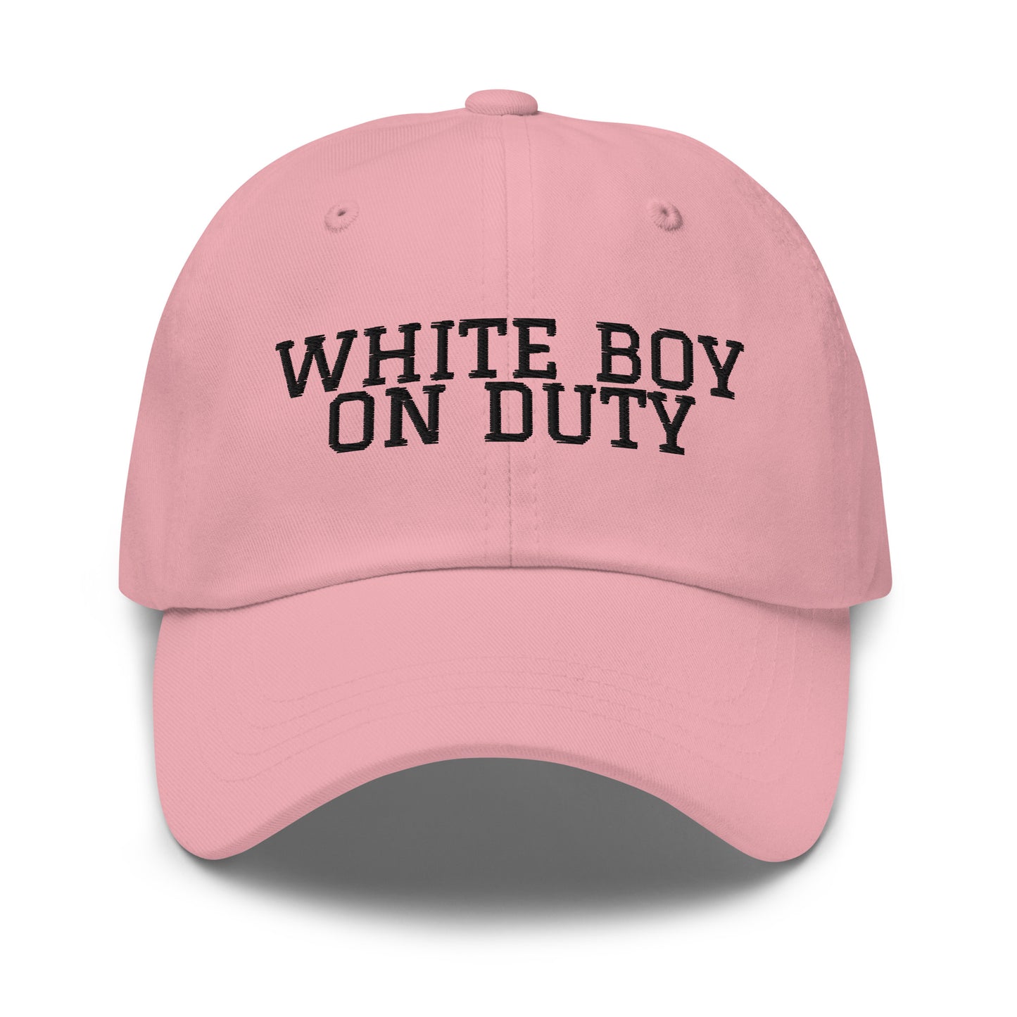 White Boy On Duty embroidered baseball cap in Pink with black embroidery by White Boy Summer