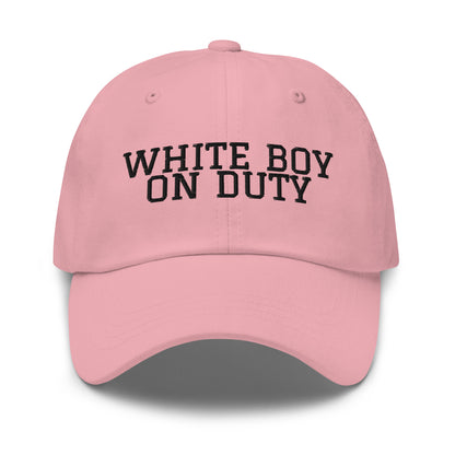 White Boy On Duty embroidered baseball cap in Pink with black embroidery by White Boy Summer