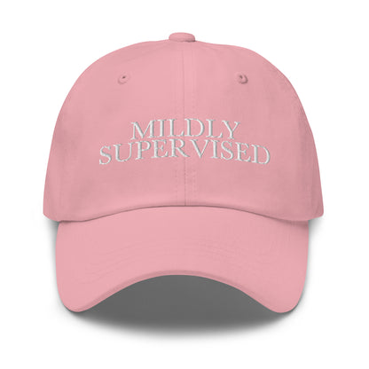 Mildly Supervised embroidered baseball cap in Pink with white embroidery by White Boy Summer