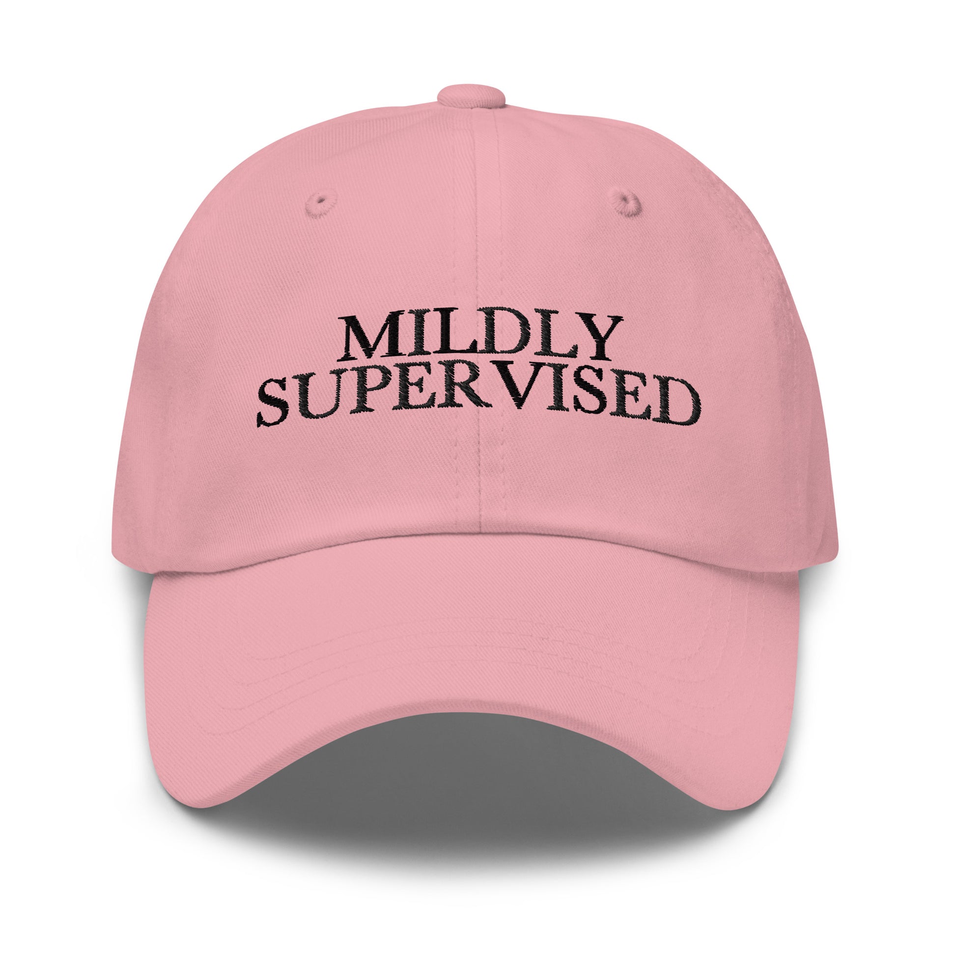 Mildly Supervised embroidered baseball cap in Pink with black embroidery by White Boy Summer