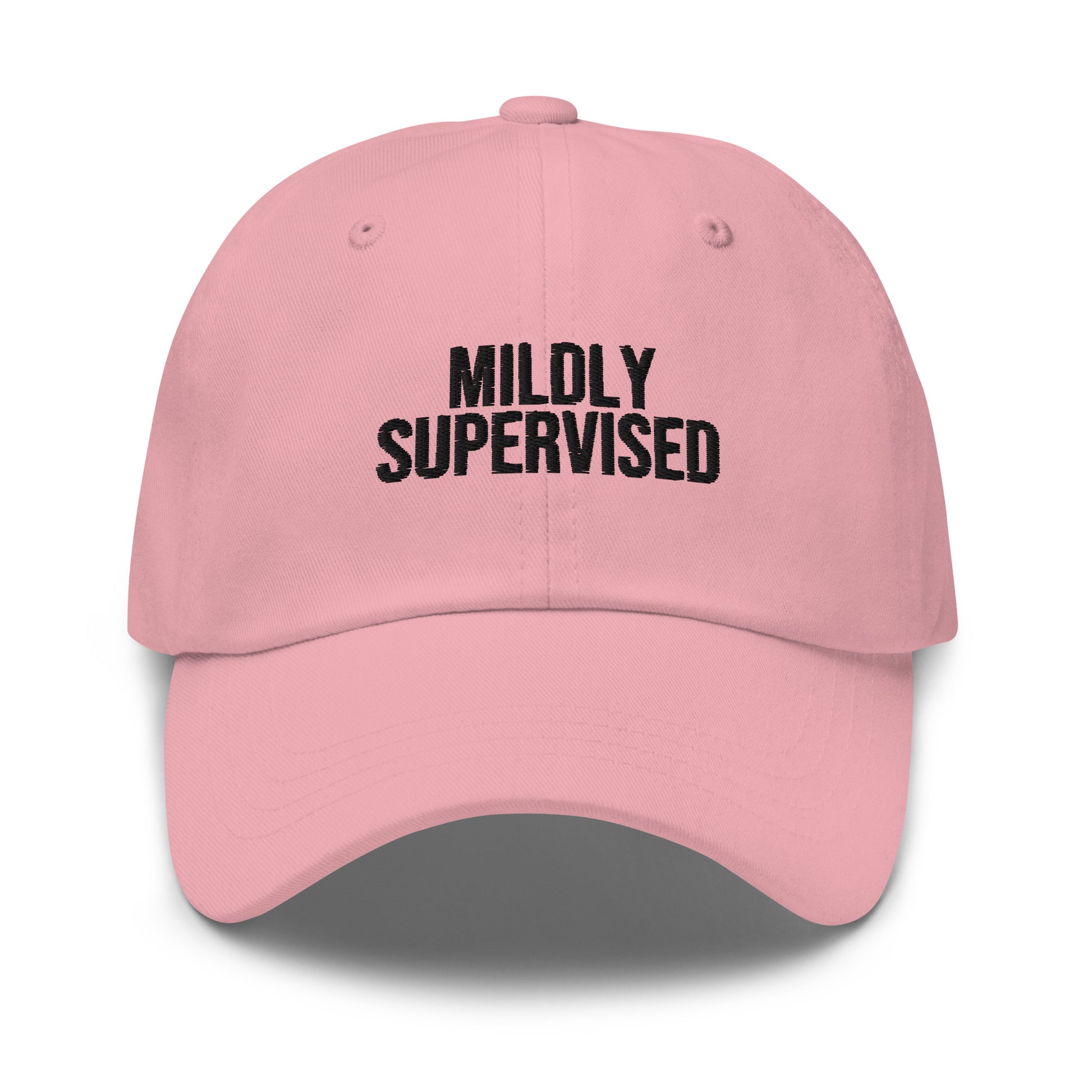 Mildly Supervised embroidered baseball cap in Pink with black embroidery by White Boy Summer