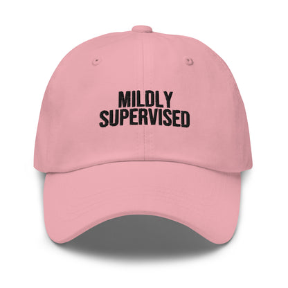 Mildly Supervised embroidered baseball cap in Pink with black embroidery by White Boy Summer