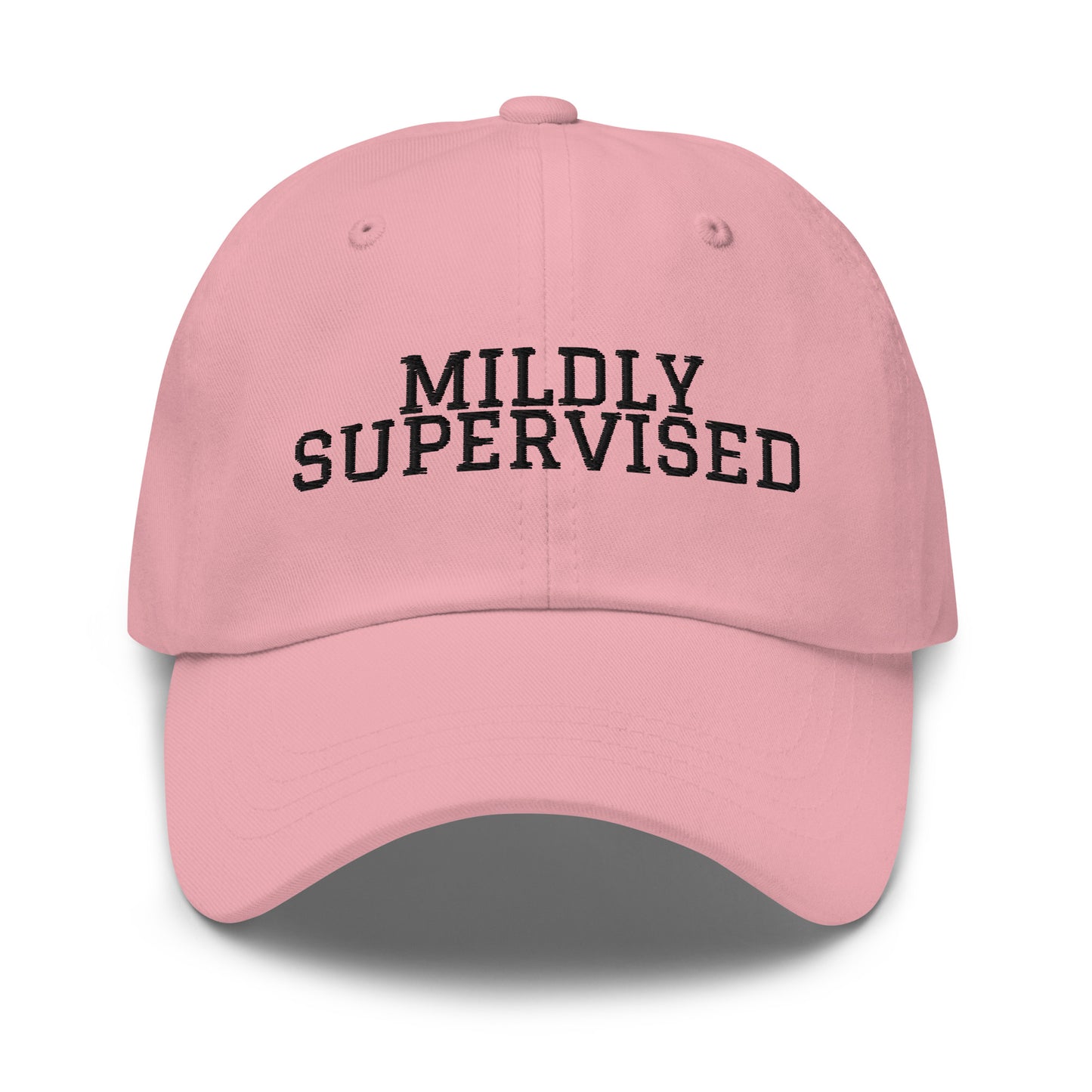 Mildly Supervised embroidered baseball cap in Pink with black embroidery by White Boy Summer