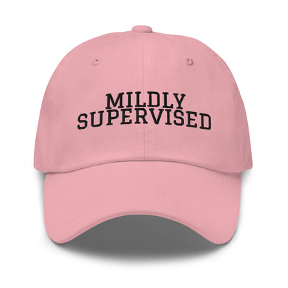Mildly Supervised embroidered baseball cap in Pink with black embroidery by White Boy Summer