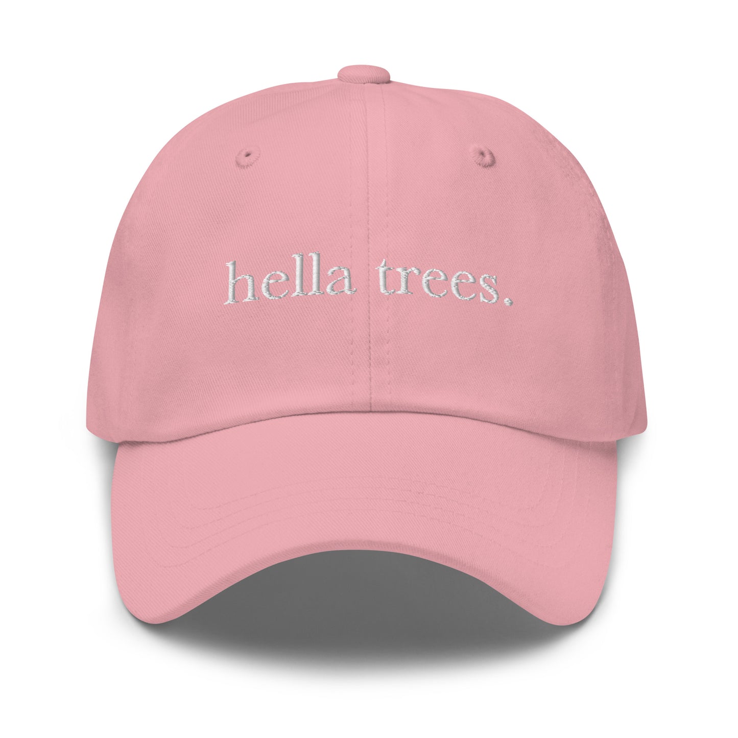 Hella Trees embroidered baseball cap in Pink with white embroidery by White Boy Summer