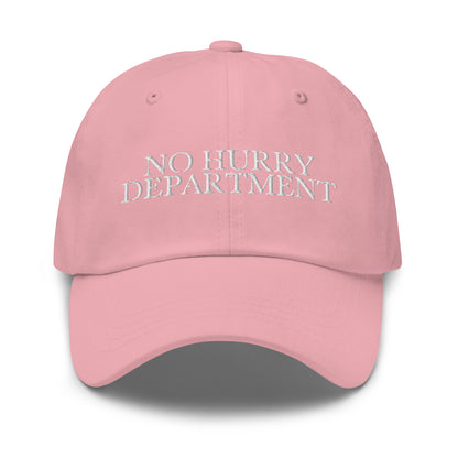 No Hurry Department embroidered baseball cap in Pink with white embroidery by White Boy Summer