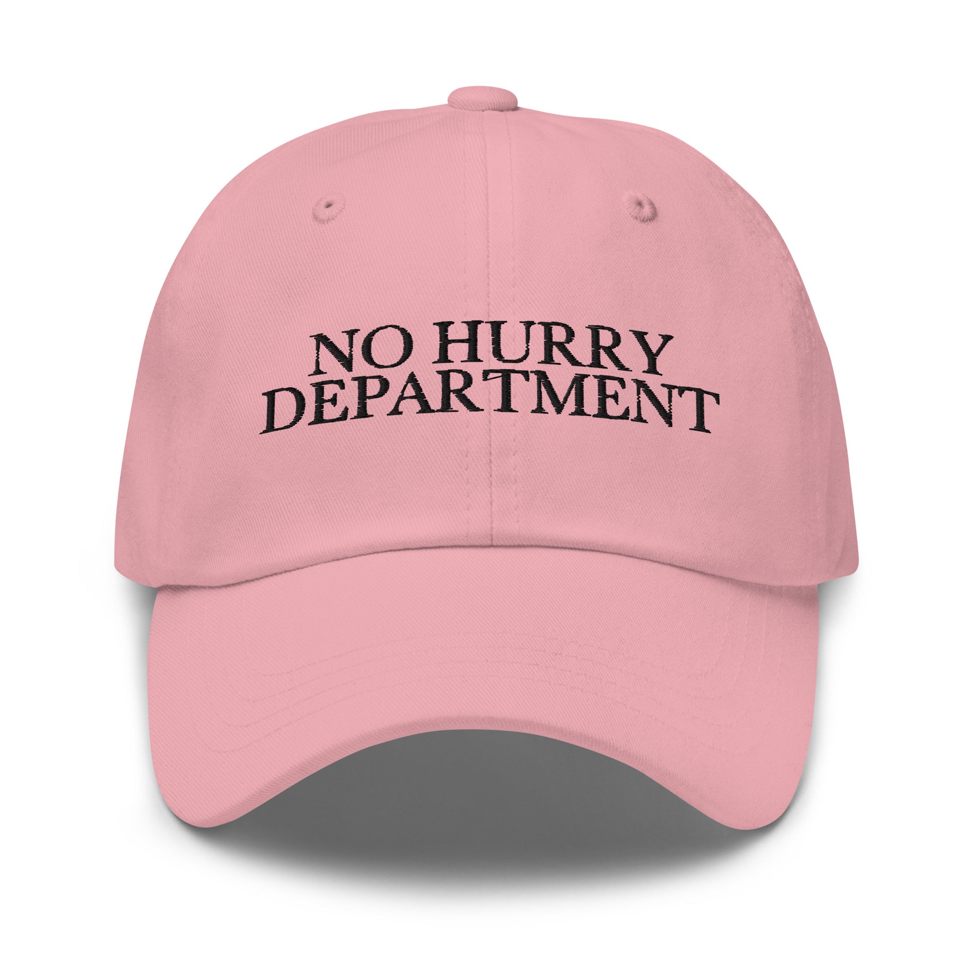 No Hurry Department embroidered baseball cap in Pink with black embroidery by White Boy Summer