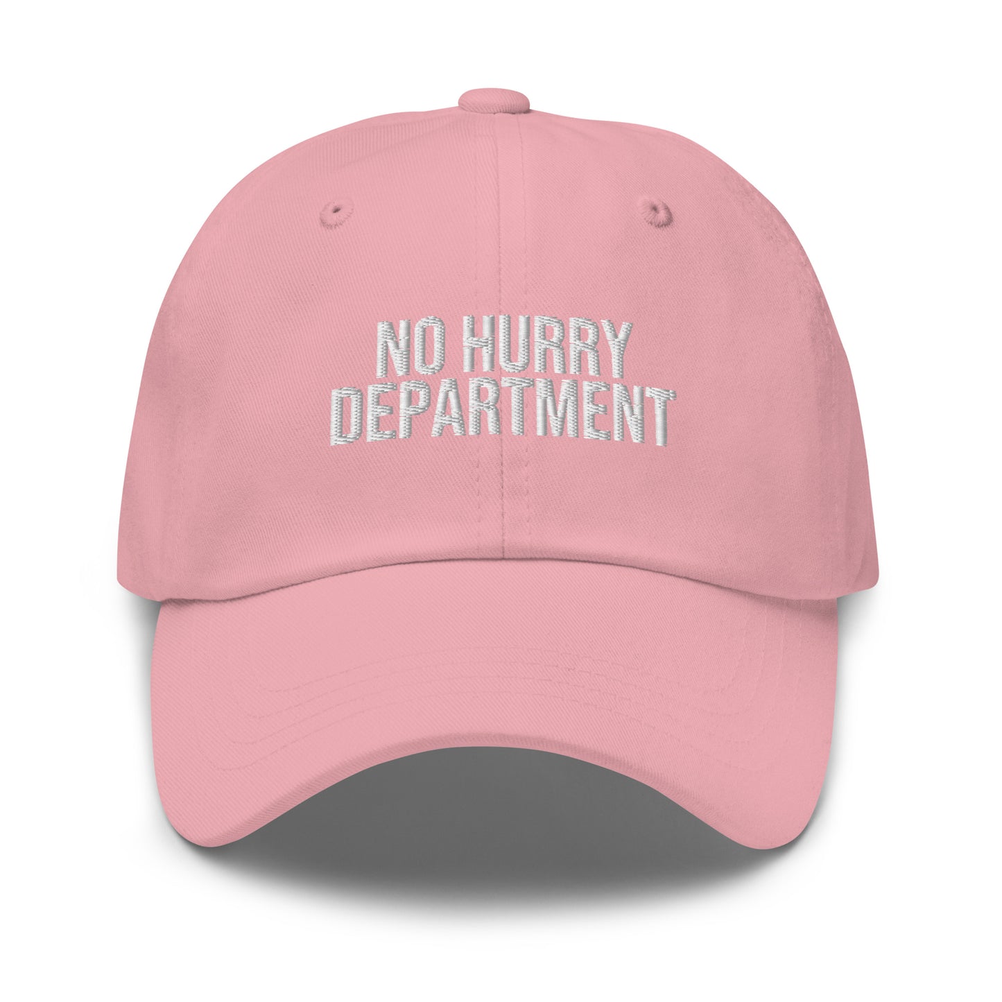 No Hurry Department embroidered baseball cap in Pink with white embroidery by White Boy Summer