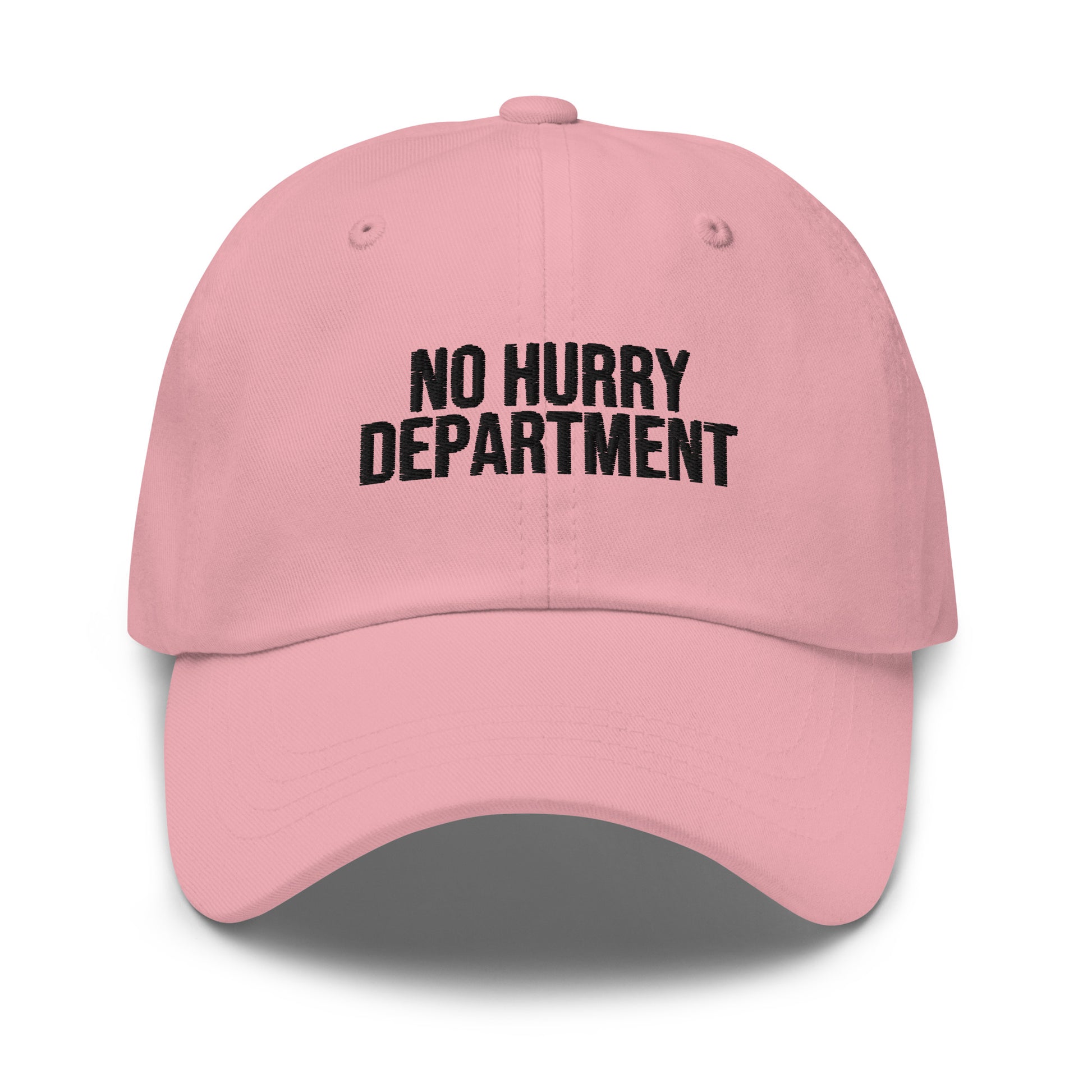 No Hurry Department embroidered baseball cap in Pink with black embroidery by White Boy Summer