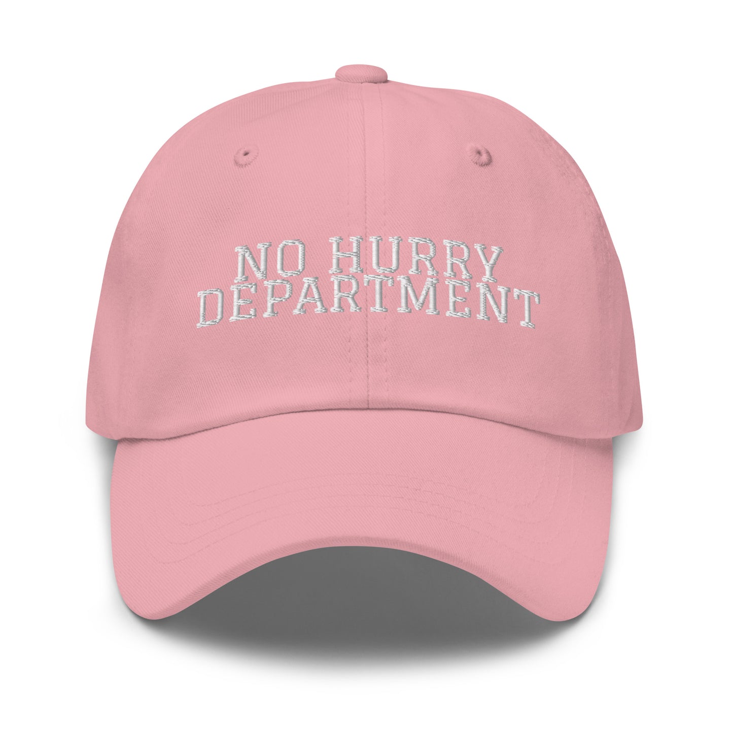 No Hurry Department embroidered baseball cap in Pink with white embroidery by White Boy Summer