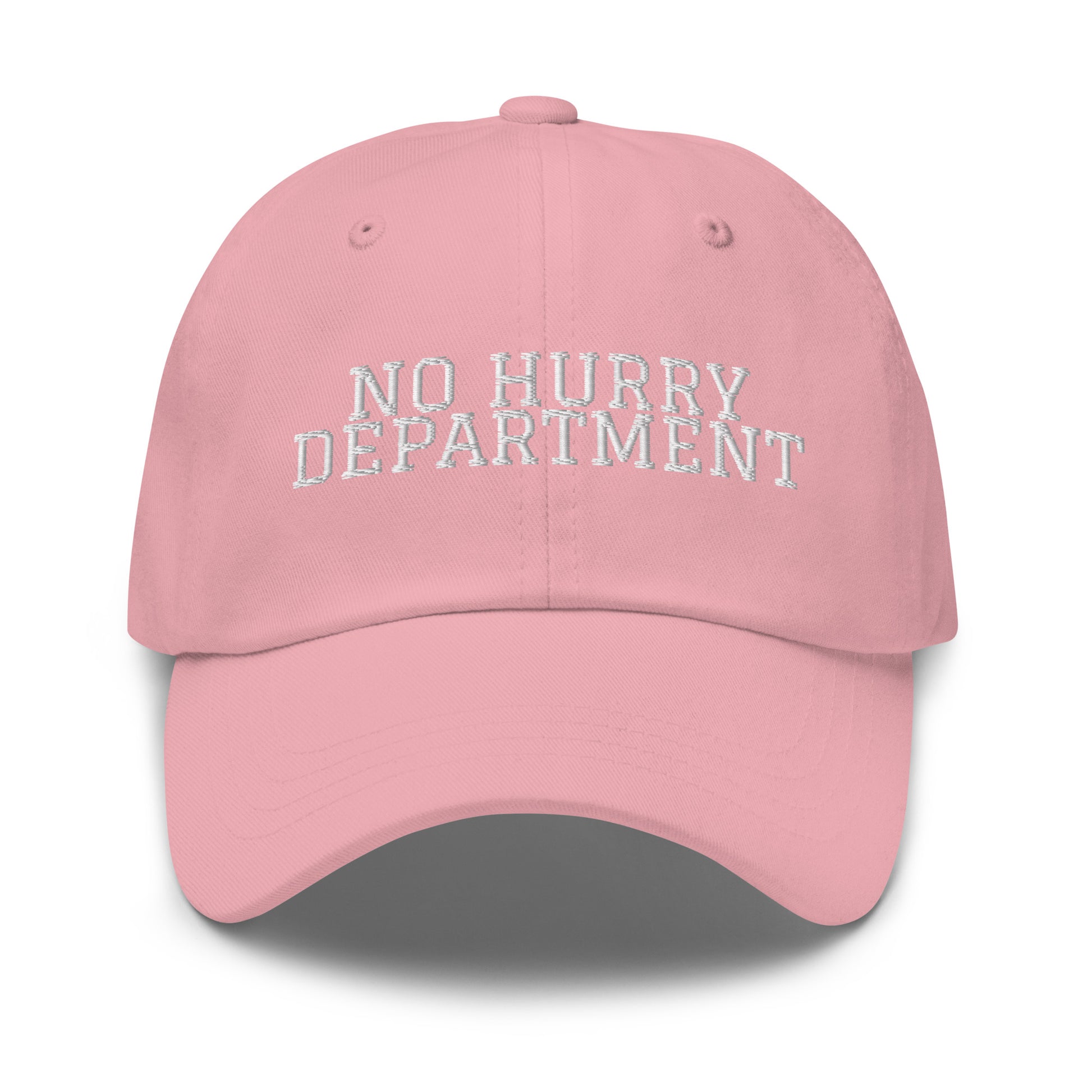 No Hurry Department embroidered baseball cap in Pink with white embroidery by White Boy Summer