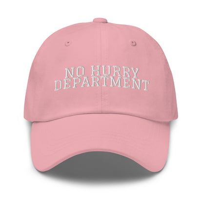 No Hurry Department embroidered baseball cap in Pink with white embroidery by White Boy Summer