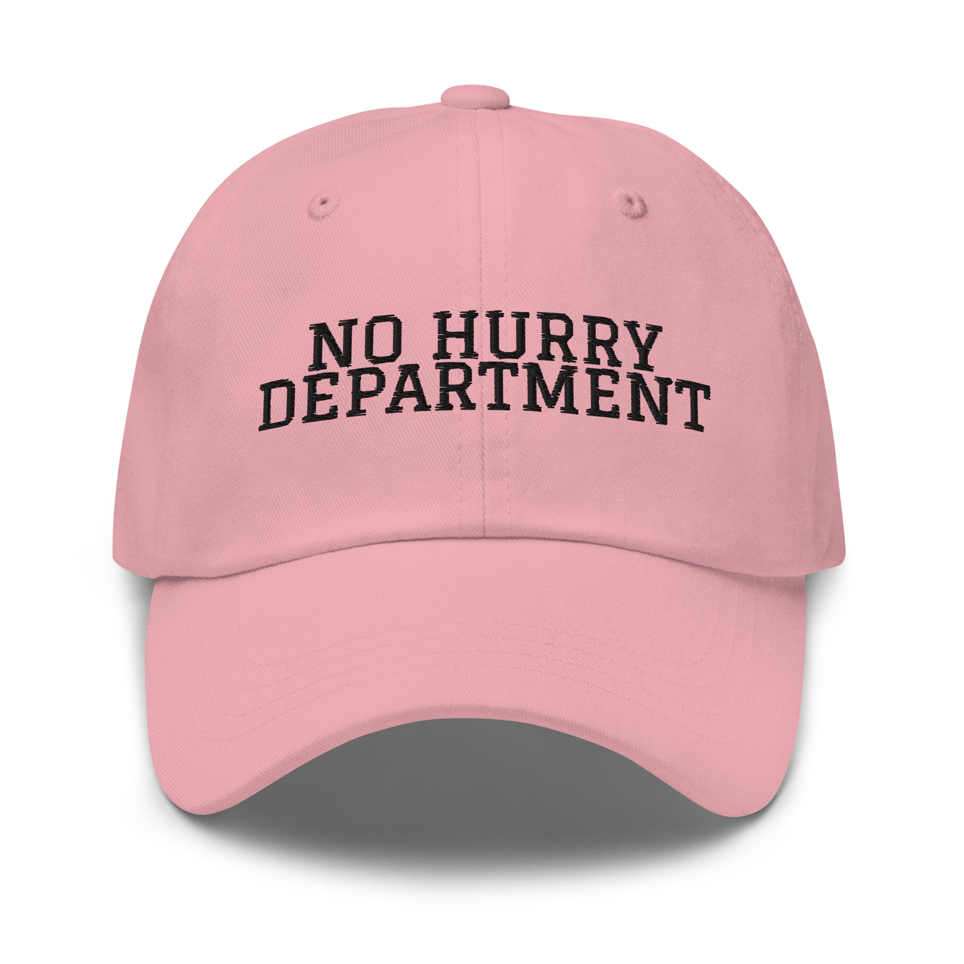 No Hurry Department embroidered baseball cap in Pink with black embroidery by White Boy Summer