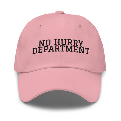 No Hurry Department embroidered baseball cap in Pink with black embroidery by White Boy Summer