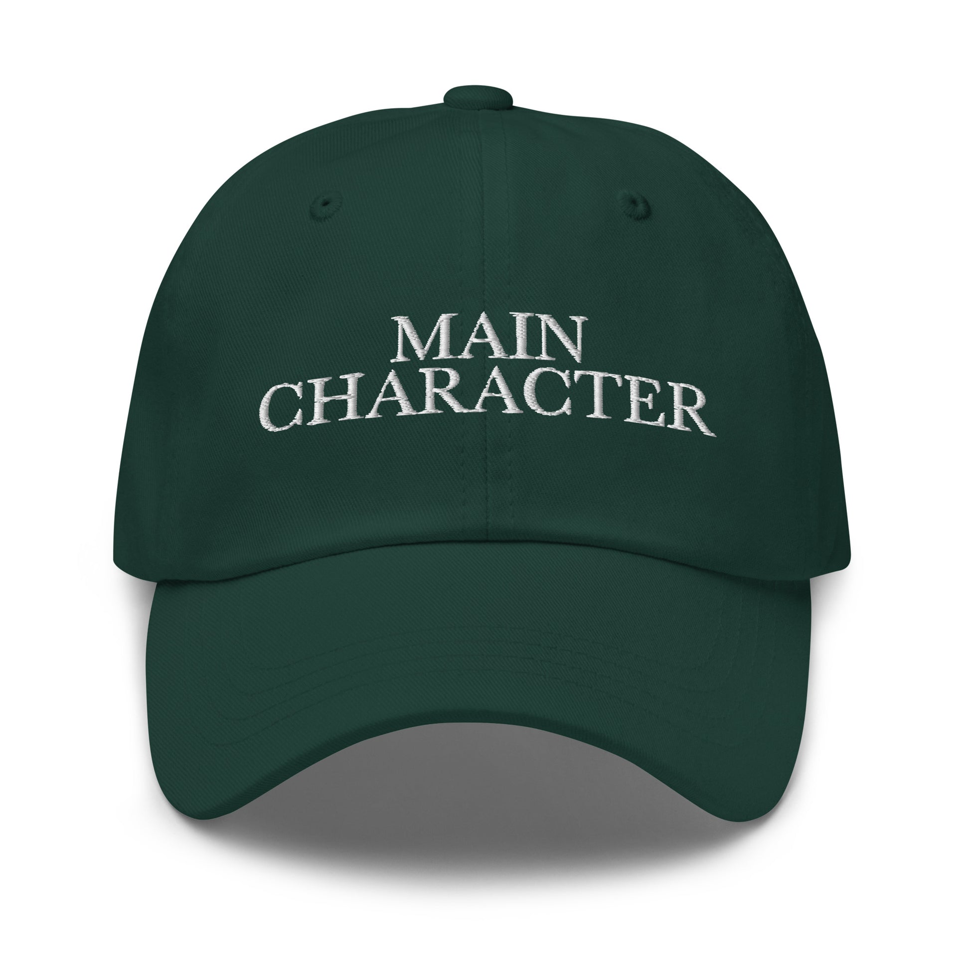 Main Character embroidered baseball cap in Spruce with white embroidery by White Boy Summer