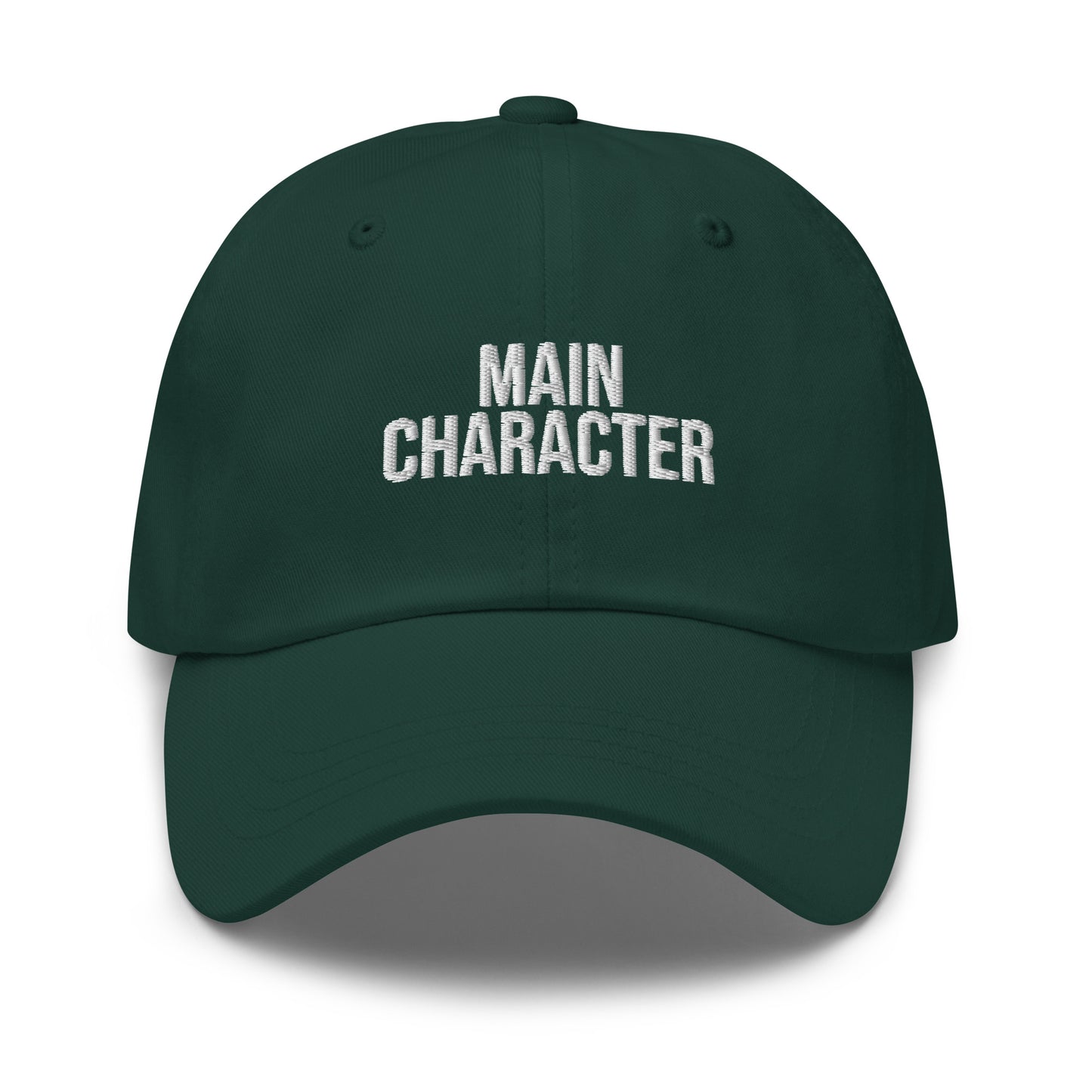 Main Character embroidered baseball cap in Spruce with white embroidery by White Boy Summer