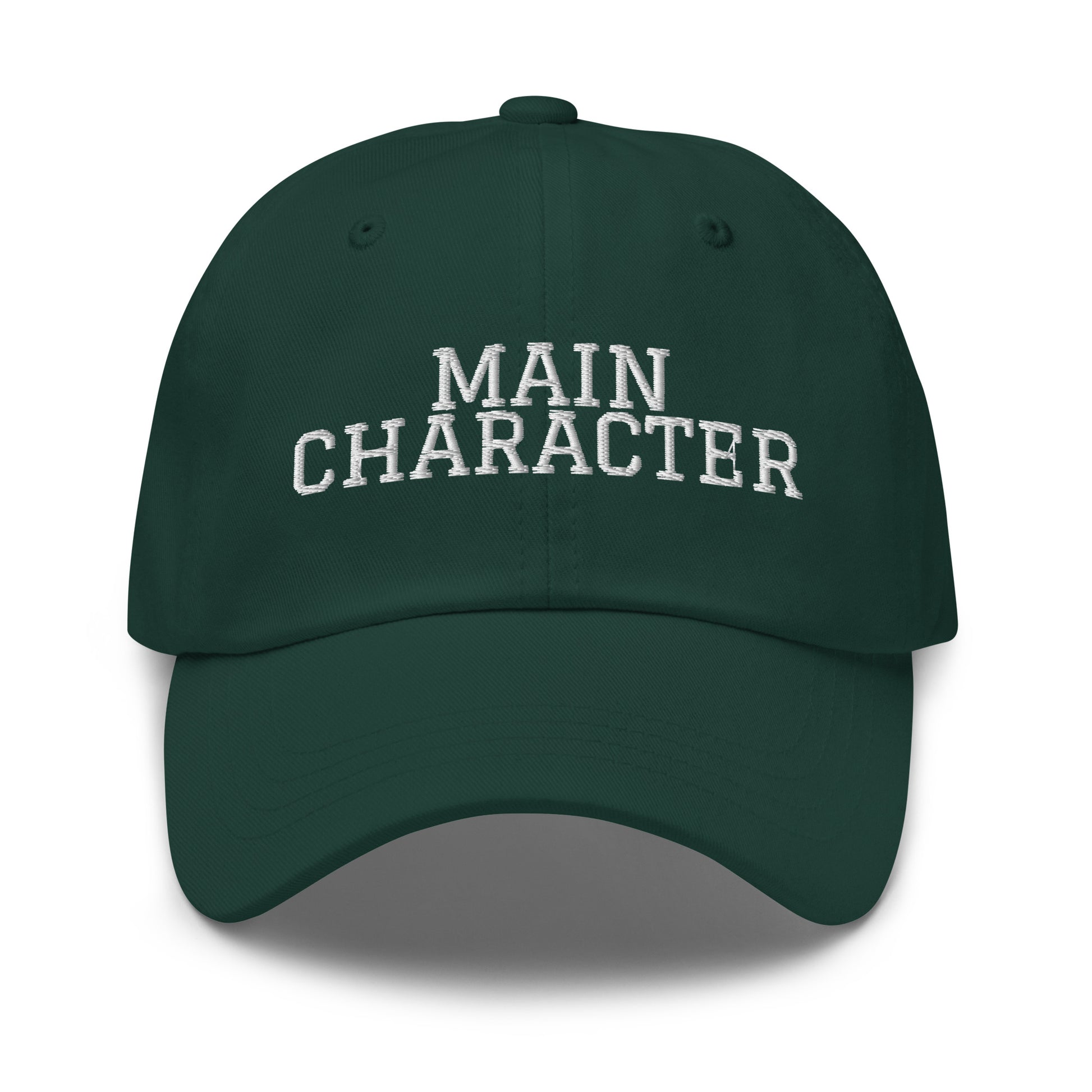 Main Character embroidered baseball cap in Spruce with white embroidery by White Boy Summer