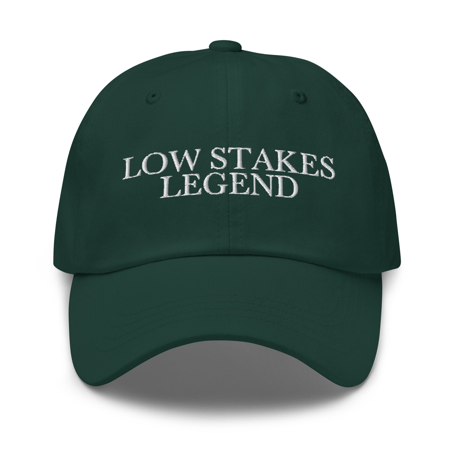 Low Stakes Legend embroidered baseball cap in Spruce with white embroidery by White Boy Summer
