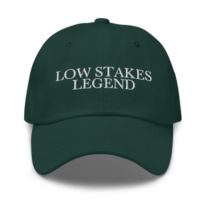 Low Stakes Legend embroidered baseball cap in Spruce with white embroidery by White Boy Summer