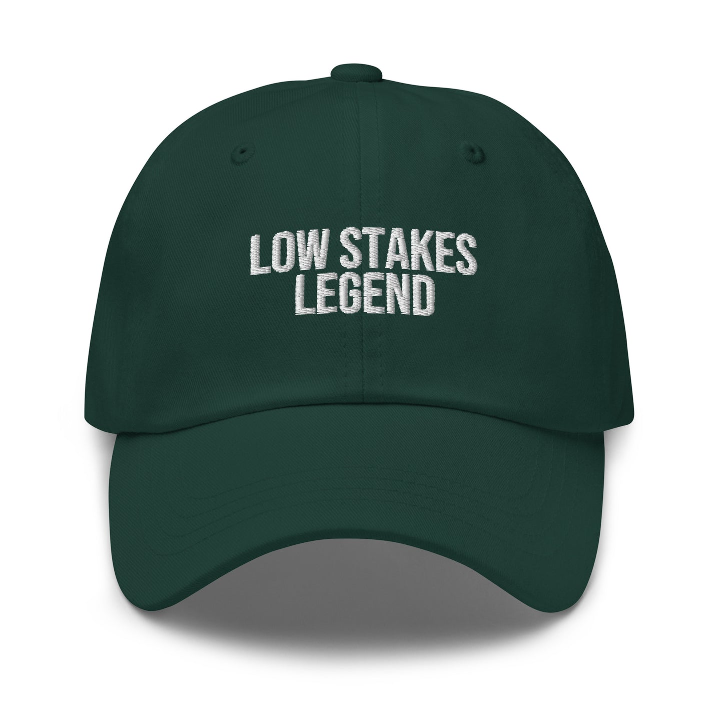 Low Stakes Legend embroidered baseball cap in Spruce with white embroidery by White Boy Summer