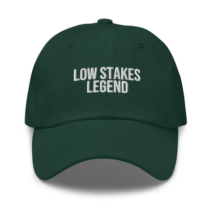 Low Stakes Legend embroidered baseball cap in Spruce with white embroidery by White Boy Summer