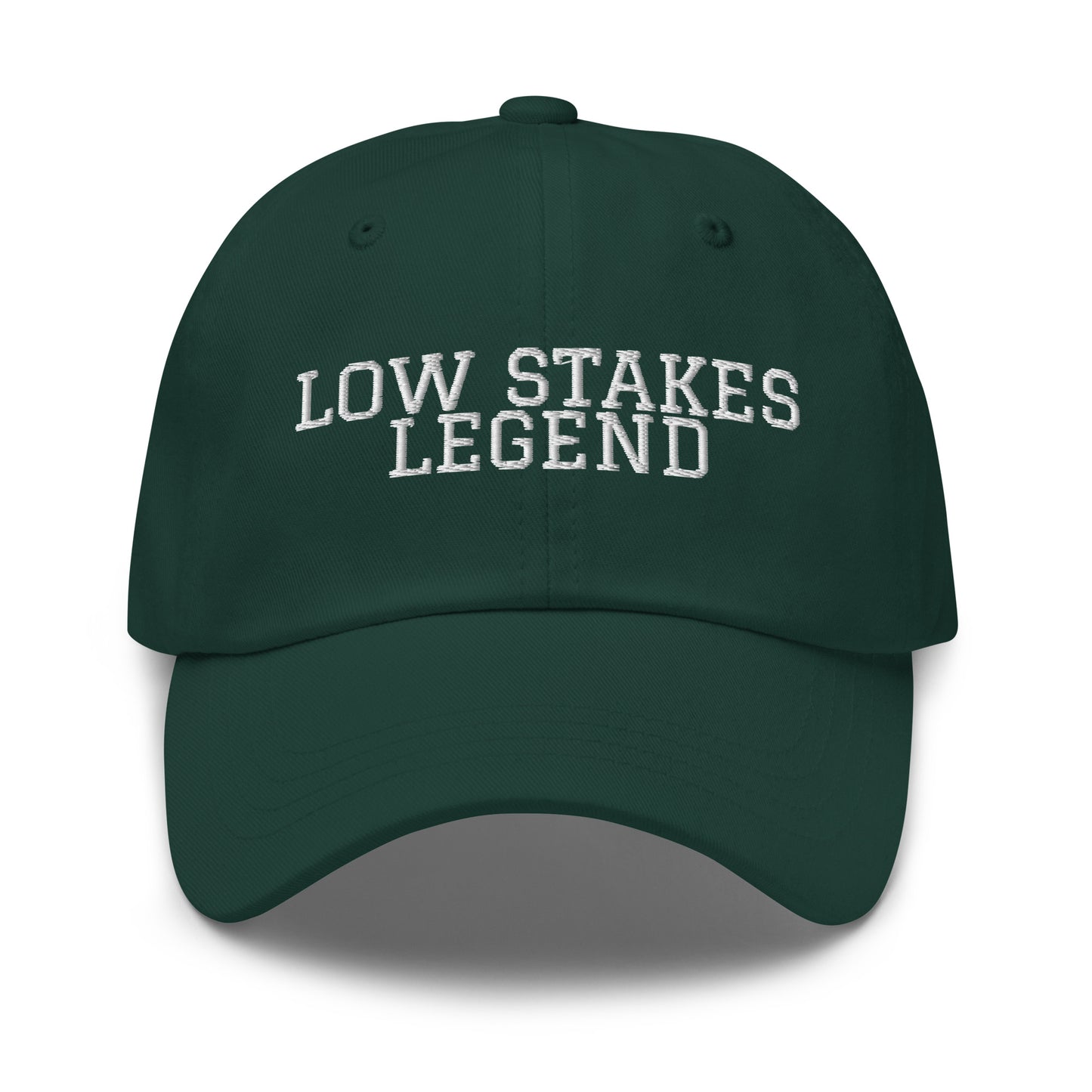 Low Stakes Legend embroidered baseball cap in Spruce with white embroidery by White Boy Summer